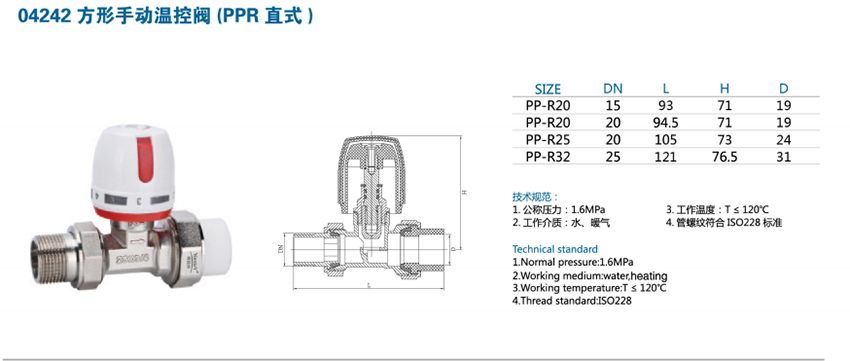 04242方型手动温控阀PPR直式